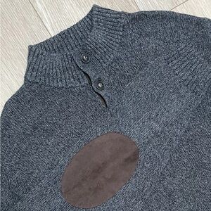 CHAPS Henley Sweater Mens XL Gray Suede Brown Elbow Patch Heavy Knit Mock Neck